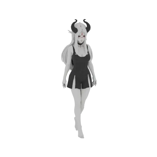 Un rendering 3D di una Strega Elfica Demoniaca con corna nere, occhi rossi e un abito scuro e rivelatore, su sfondo bianco.