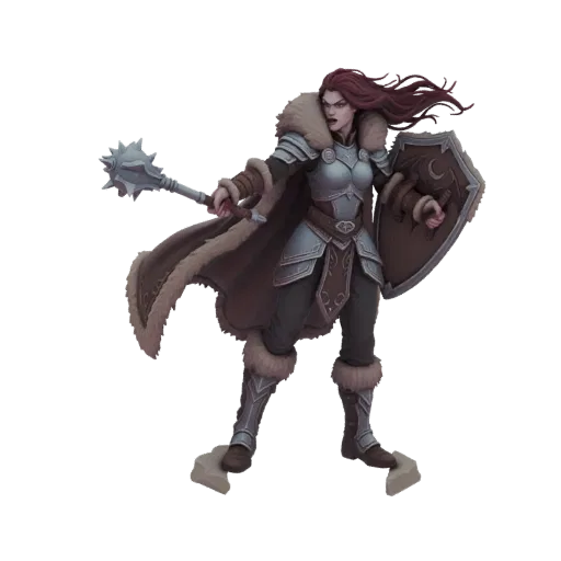 3D model of a female warrior with red hair, wearing armor, holding a mace and shield, on a black background.