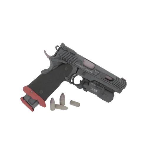 3D model of a tactical master pistol with an integrated light, shown against a black background.