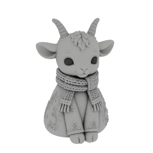3D model of a cute baby goat wearing a knitted scarf and a sweater with floral patterns, sitting and looking forward.