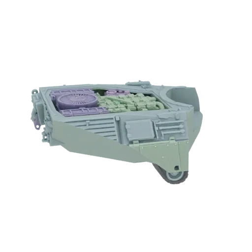 3D model of a detailed tank engine compartment, showing a fan, engine block, and various mechanical parts in light green and
