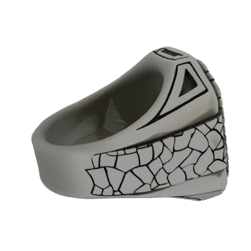 3D model of a tribal geometric ring with cracked stone texture and black angular designs.