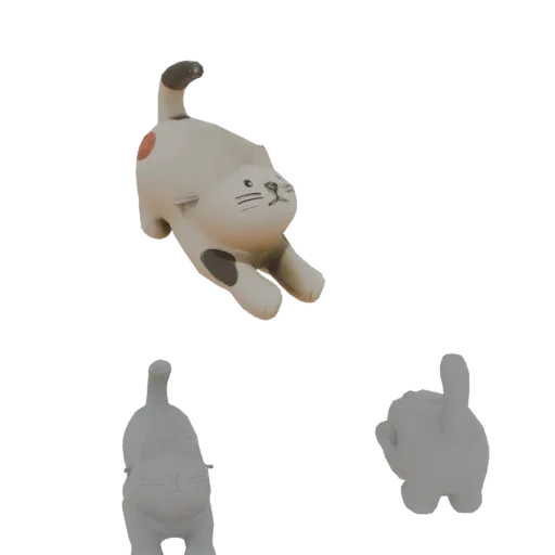 A 3D render of a cute, stylized cat in a stretching pose, designed as a phone holder, with two other views showing its front