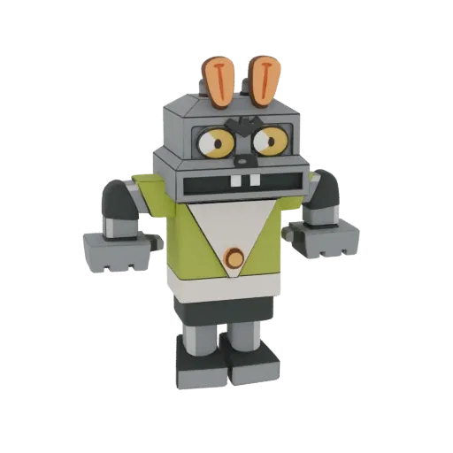 3D model of a stylized Robo-Bunny character with grey robot head, orange ears, and a green and white outfit, set against a bl