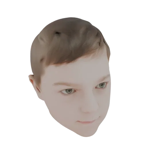 Render de modelo 3D de cabeza de niño con cabello castaño y ojos verdes, mirando ligeramente a la derecha.