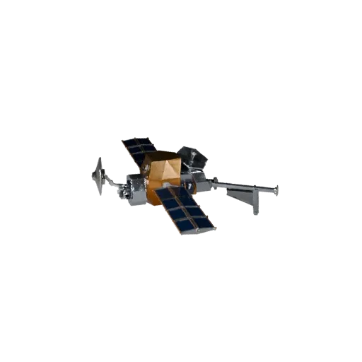 Research Satellite Low Poly 3D model, game viewport three-quarter view, showing solar panels, spacecraft silhouette.