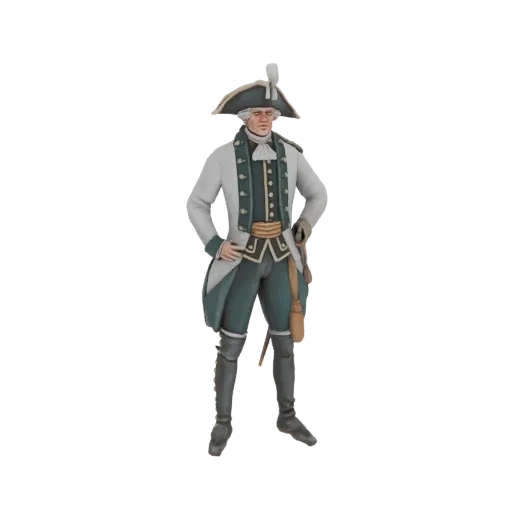 3D-Modell eines Militäroffiziers des 18. Jahrhunderts in weiß-türkiser Uniform, stehend mit Händen auf den Hüften.