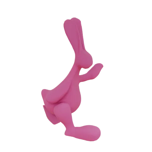 Un modello 3D di coniglio rosa da cartone animato in posa dinamica, con curve morbide e orecchie grandi, su sfondo bianco.