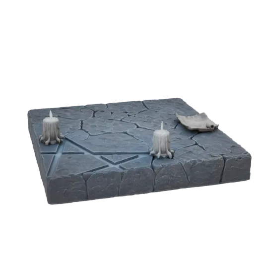 3D render of a stone ritual altar with carved symbols, two lit candles, and a rolled scroll on its surface, against a white b
