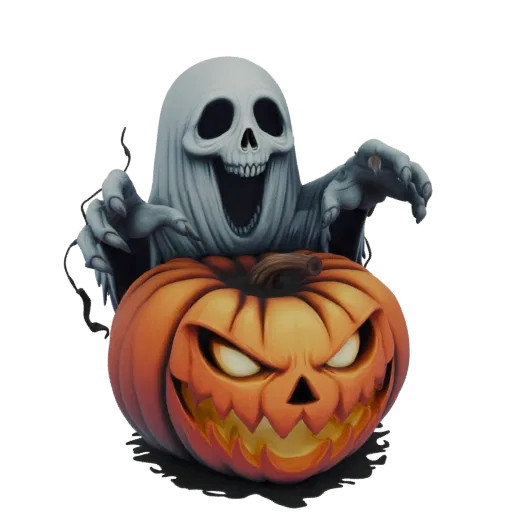 3D model of a white ghost with a skull face emerging from a carved orange jack-o'-lantern with a menacing grin.
