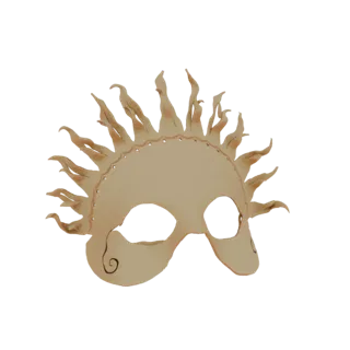 3D model of a sunburst masquerade mask with flame-like rays and swirling patterns, presented on a white background.