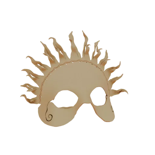 Modelo 3D de máscara de baile de sol com raios em forma de chama e padrões em espiral, apresentado em fundo branco.