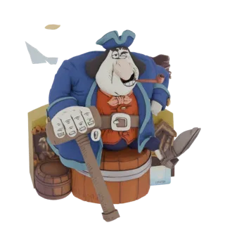 Modelo 3D de um capitão pirata gordinho com casaco azul, colete vermelho, chapéu tricórnio, fumando um cachimbo e segurando u
