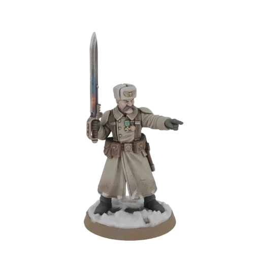 3D model of an Imperial Commissar in a winter coat, holding a glowing power sword and pointing.