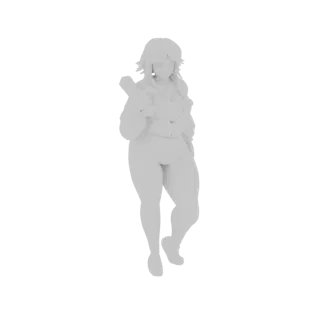 Ein 3D-Modell-Rendering eines pummeligen Anime-Mädchens mit einem Gewehr, das in einer entspannten Pose vor weißem Hintergrun