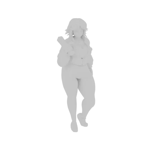 Un rendering di modello 3D di una ragazza anime curvy con un fucile, in piedi in una posa rilassata su uno sfondo bianco.