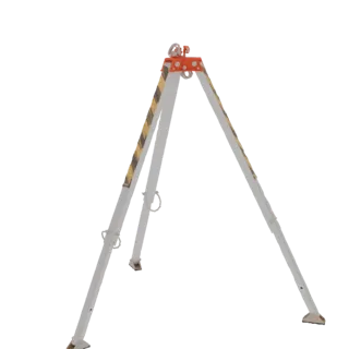 Modello 3D di un treppiede argentato con strisce di sicurezza gialle e nere e parte superiore arancione.