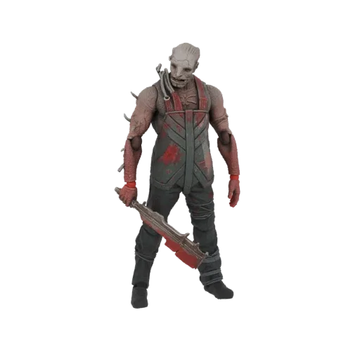 3D model of The Trapper from Dead by Daylight, holding a rusty bear trap weapon, with a grotesque mask and tattered overalls.