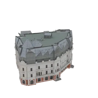3D model of a curved Art Nouveau building with a prominent glass facade and detailed roof.