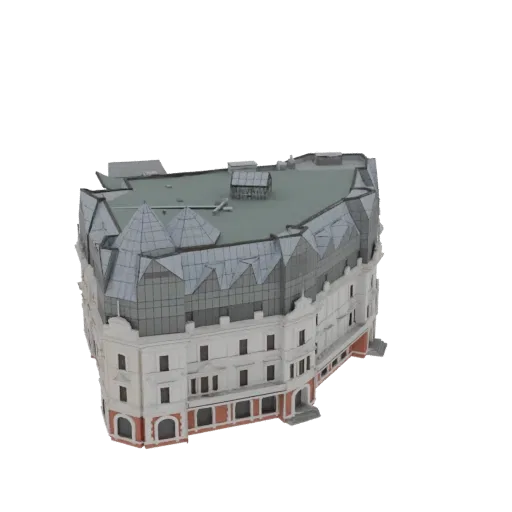 3D-Modell eines gebogenen Jugendstilgebäudes mit prominenter Glasfassade und detailliertem Dach.