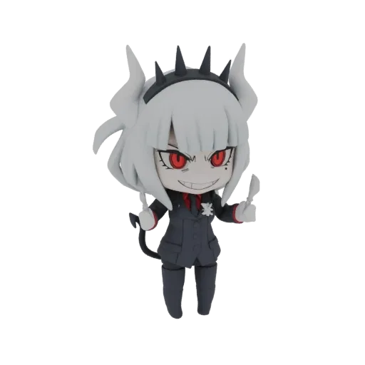 3D model of Lucifer from Helltaker in a chibi style, wearing a suit and holding knives, with white hair and red eyes.