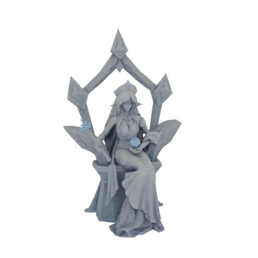 3D model of a regal Ice Queen seated on an ornate, icy throne, holding a glowing blue orb.