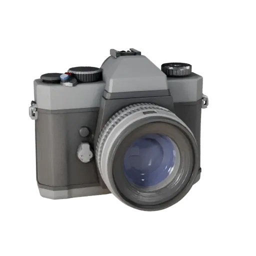 Vintage Camera Low Poly 3D model, game viewport three-quarter view, showing textured grips, lens barrels.