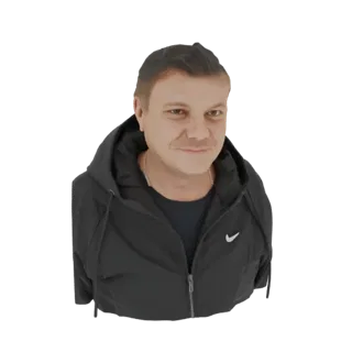 3D-Modell eines Mannes mit kurzen braunen Haaren, der einen schwarzen Nike-Hoodie und eine Silberkette trägt und den Betracht