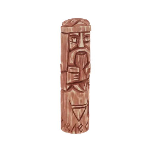 3D model of an ancient Slavic wooden idol with carved facial features, beard, and geometric patterns, set against a black bac