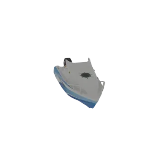 3D model of a modern white speedboat with a blue stripe along the hull and an outboard motor.
