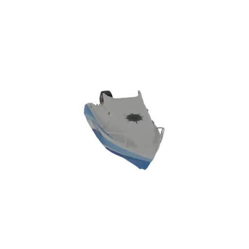 3D model of a modern white speedboat with a blue stripe along the hull and an outboard motor.