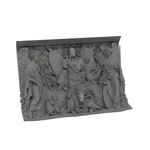 3D model of a classical relief sculpture with two angels on the sides and a central arrangement of armor and shields.