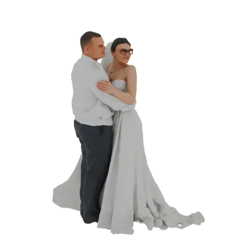 Modelo 3D de noivos em um abraço carinhoso, o noivo de terno branco e calças escuras, a noiva de vestido de noiva branco.