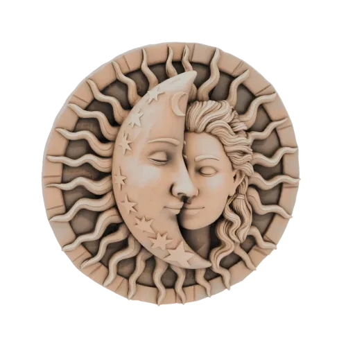 3D model of a circular wall plaque depicting the Sun and Moon as a celestial couple, with detailed faces, stars, and sun rays
