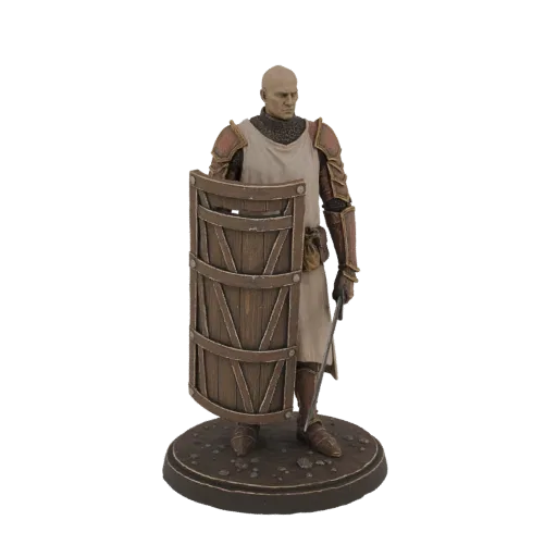 3D model of a medieval knight in armor, holding a wooden shield and sword, standing on a textured base.