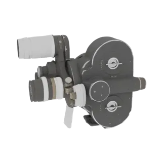 A 3D model of a vintage film camera with a dark metallic body, lens, and viewfinder, set against a black background.