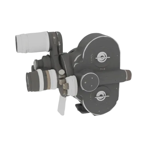 A 3D model of a vintage film camera with a dark metallic body, lens, and viewfinder, set against a black background.