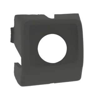 Renderização 3D de um suporte de câmera quadrado cinza escuro com abertura circular no centro, apresentado sobre fundo branco