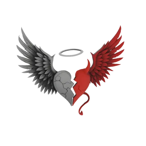 3D model of a broken heart split into an angelic grey half with a halo and a demonic red half with a tail, both with large fe
