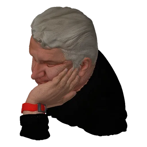 3D model of a man with graying hair resting his head on his hand, wearing a black shirt and a red watch.
