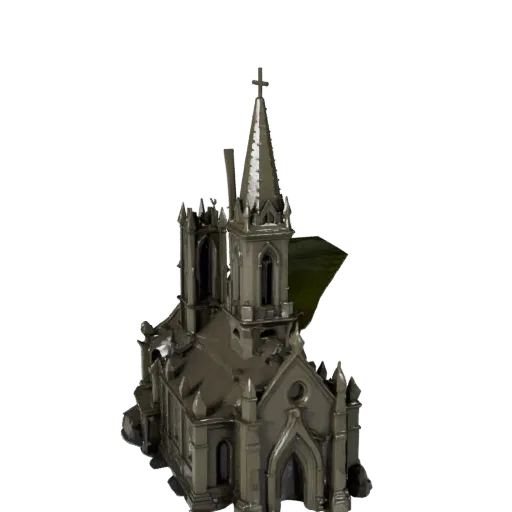 Ruined Chapel Diorama Realistic 3D model, three-quarter environment render, showing sculpted terrain, built remnants.