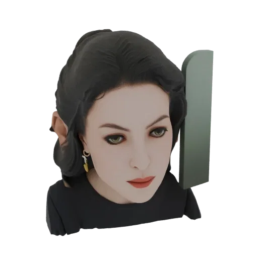 Modelo 3D de busto de mujer con cabello oscuro, ojos verdes y pendiente dorado, mirando de lado.
