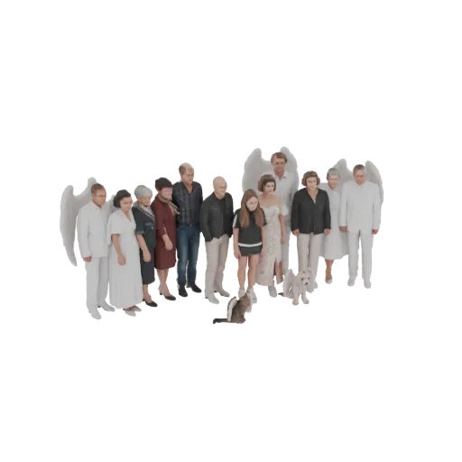 Modèle 3D d'une famille angélique avec ailes, debout avec un chien et un chat, rendu sur fond blanc.