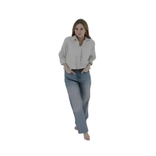 3D model of a woman wearing a light blue shirt and blue jeans, standing with hands in pockets.
