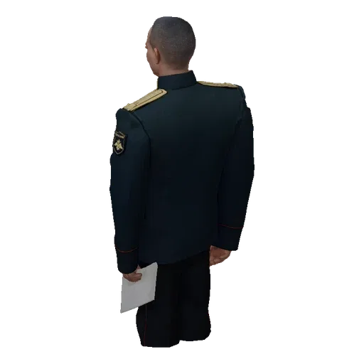 3D model of a Russian military officer in a dark uniform with medals, holding a white document.