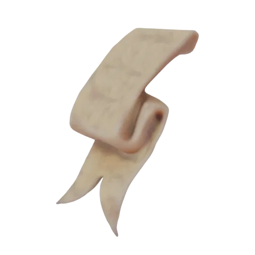 3D model render of a parchment scroll banner with a split, tattered end, against a black background.