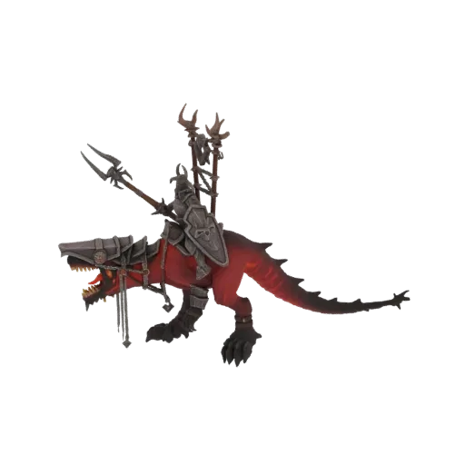 Modello 3D di un cavaliere di drago dark fantasy in armatura completa, che brandisce una lancia, montato su un drago dalle sc