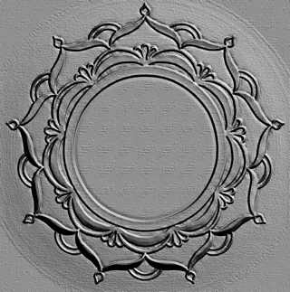 3D-Modell eines Flachreliefs mit Blumenmuster und zentralem Kreis, in Grau mit einer reliefartigen Textur.