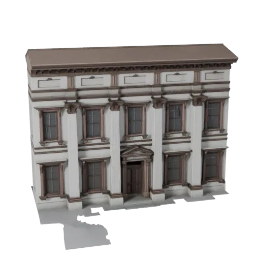 Classical Facade realistic 3D model, three-quarter exterior view, showing building facade materials and architectural detail