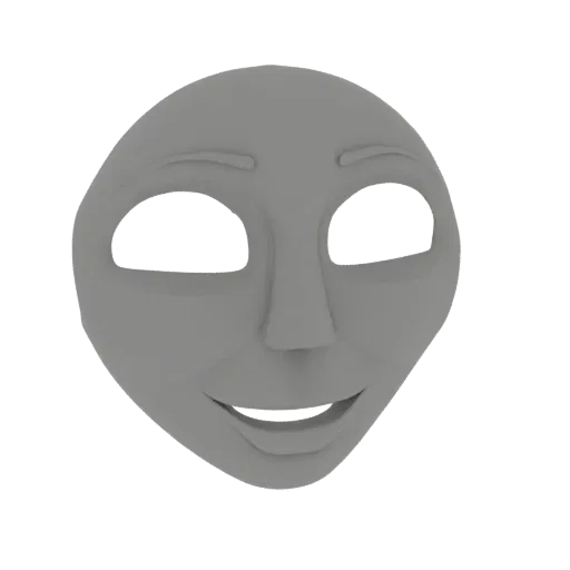 3D-Modell einer grauen Cartoon-Maske mit großen Augen und breitem Lächeln, isoliert auf weißem Hintergrund.